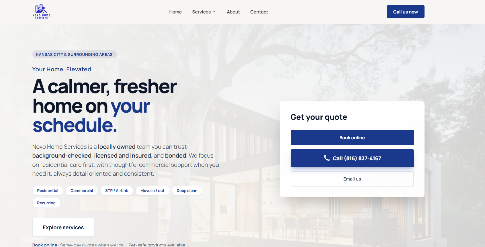 Novo Home Services website, a Airbnb & Move-Out Cleaning business built by Skycrest
