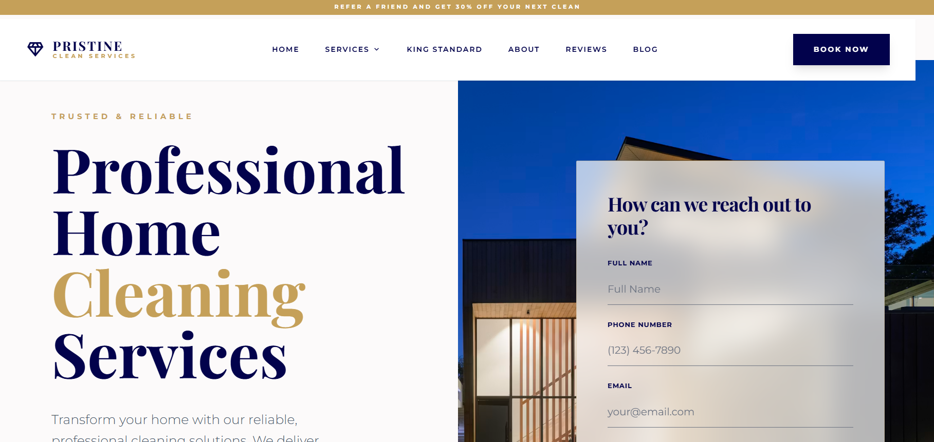 Pristine Clean Services website, a Deep Cleaning business built by Skycrest