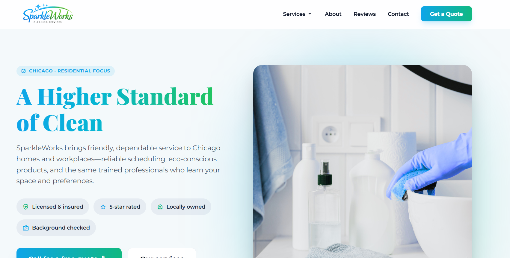 SparkleWorks Cleaning Services website, a Maid Service business built by Skycrest